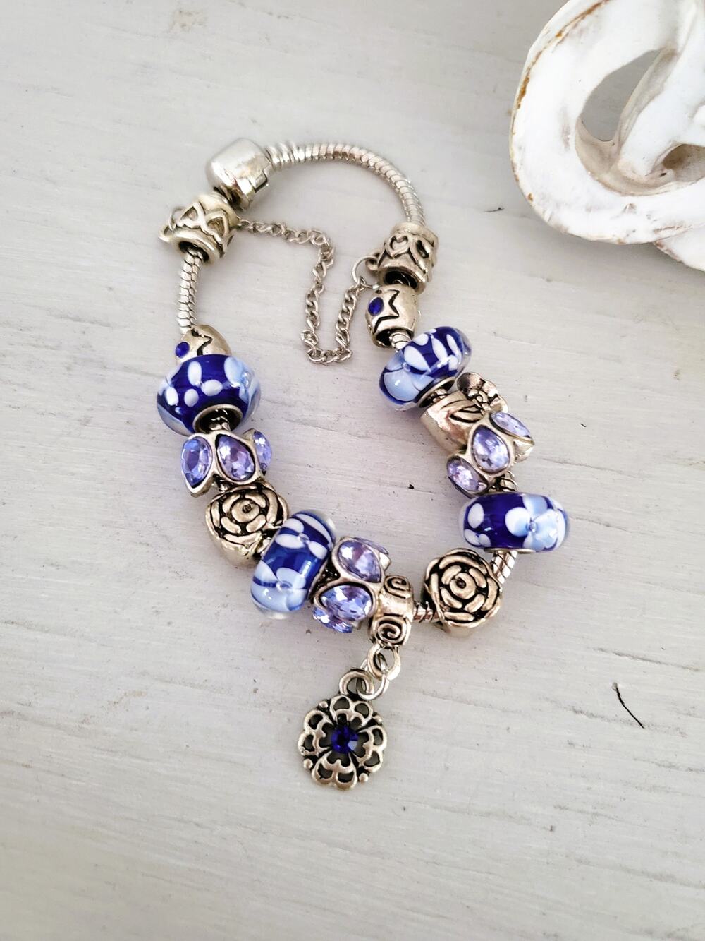 Silver-tone Blue Glass Floral Charm Bracelet